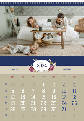 Вертикальные настенные перекидные календари - Ретро цветы Август